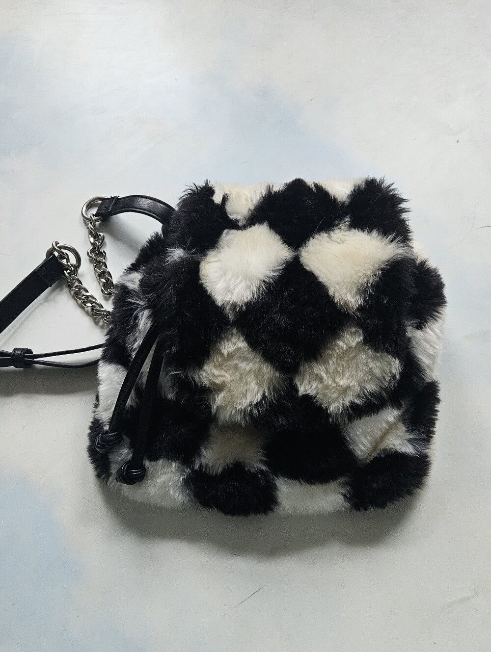Dolls Kill Current Mood Faux Fur Checkerboard Drawstring Crossbody Bag Chains
